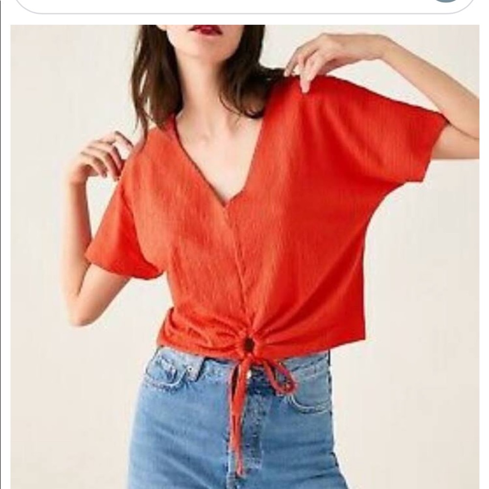 Bright orange short sleeve shirt with front tie